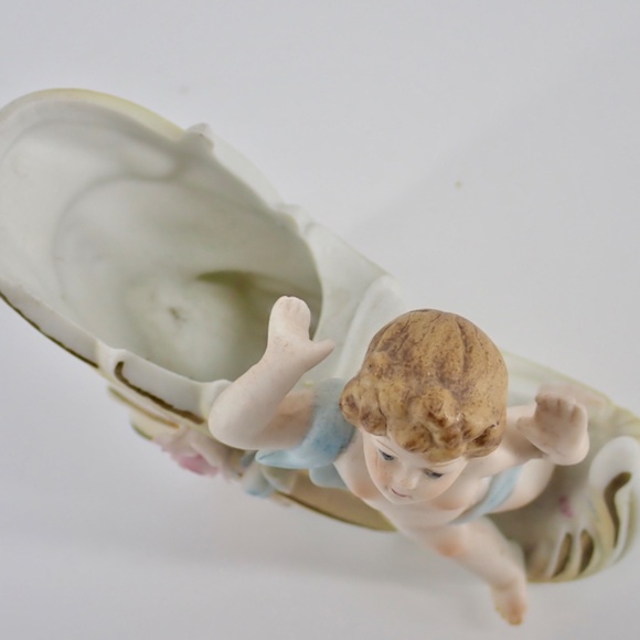 Antique Bisque Figure Collectible BABY Cherub & Carriage 4" x 4" DECOR STATUETTE - Picture 12 of 14